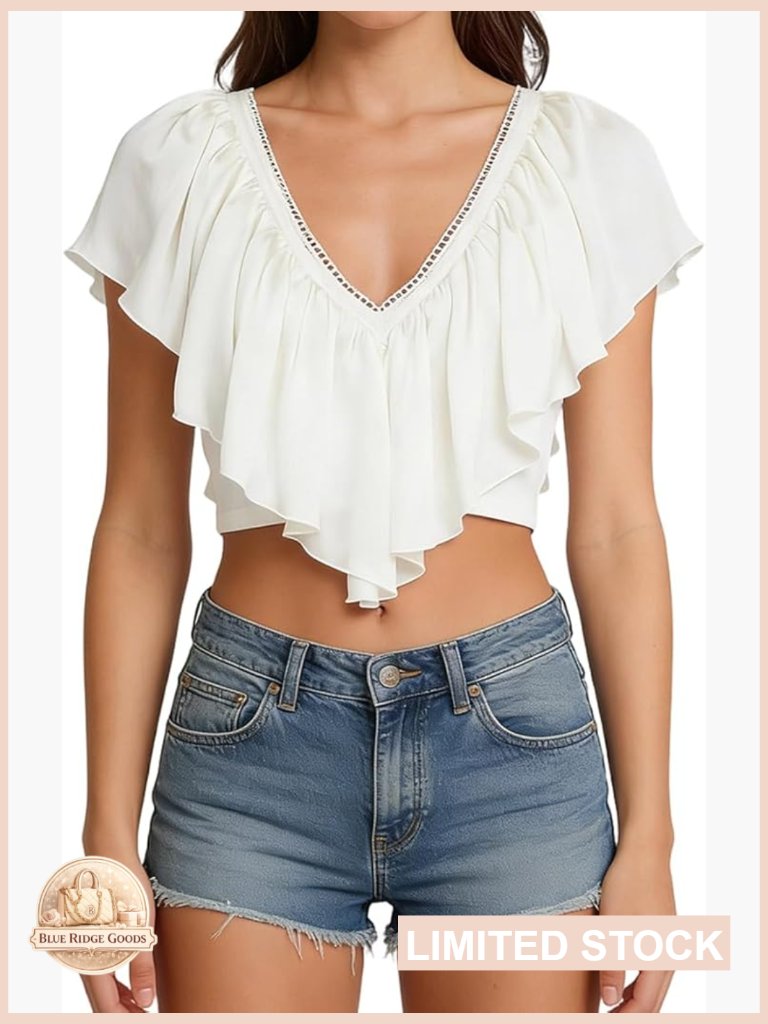 Women Y2k Ruffled V Neck Crop Top Frill Trim Tie Back Going Out Blouse